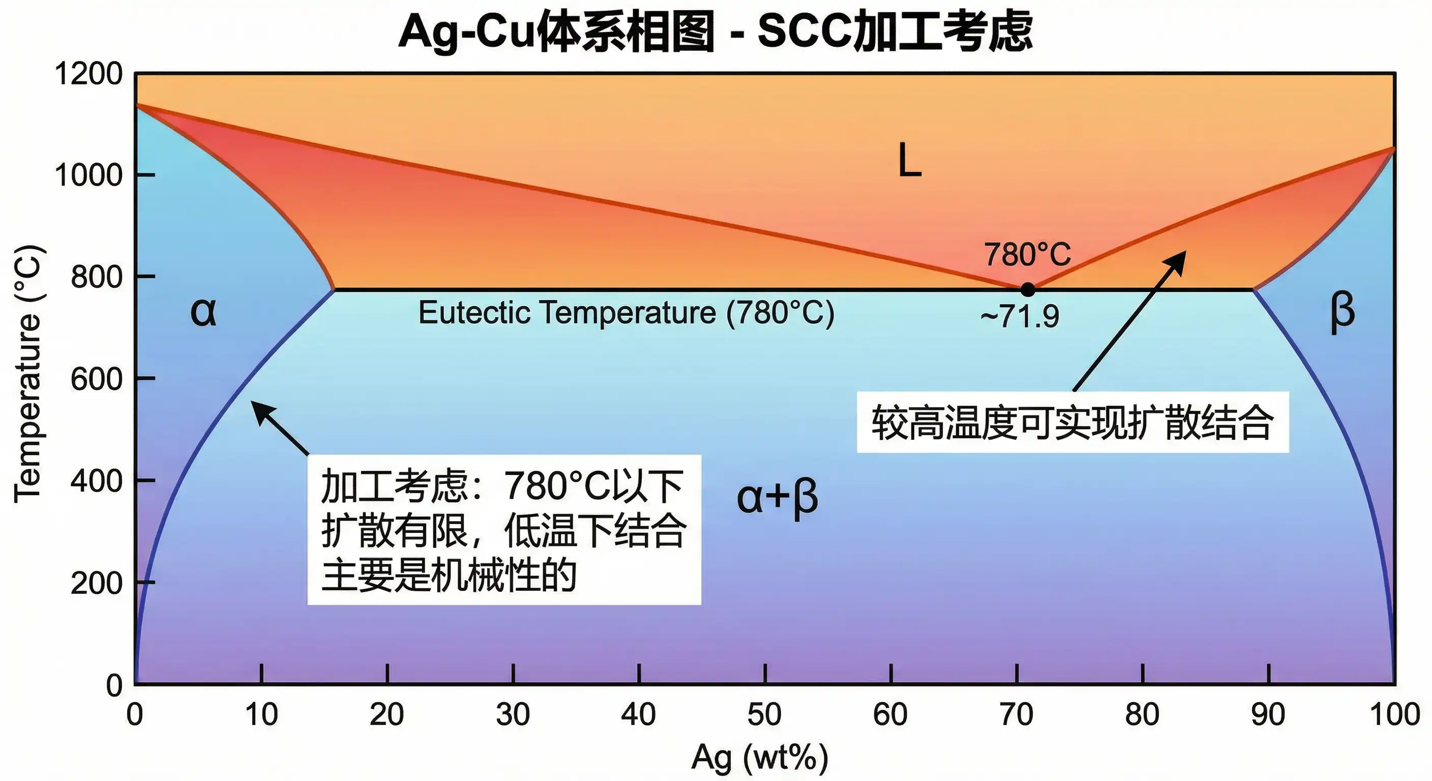Ag-Cu二元相图，显示共晶点和固溶区