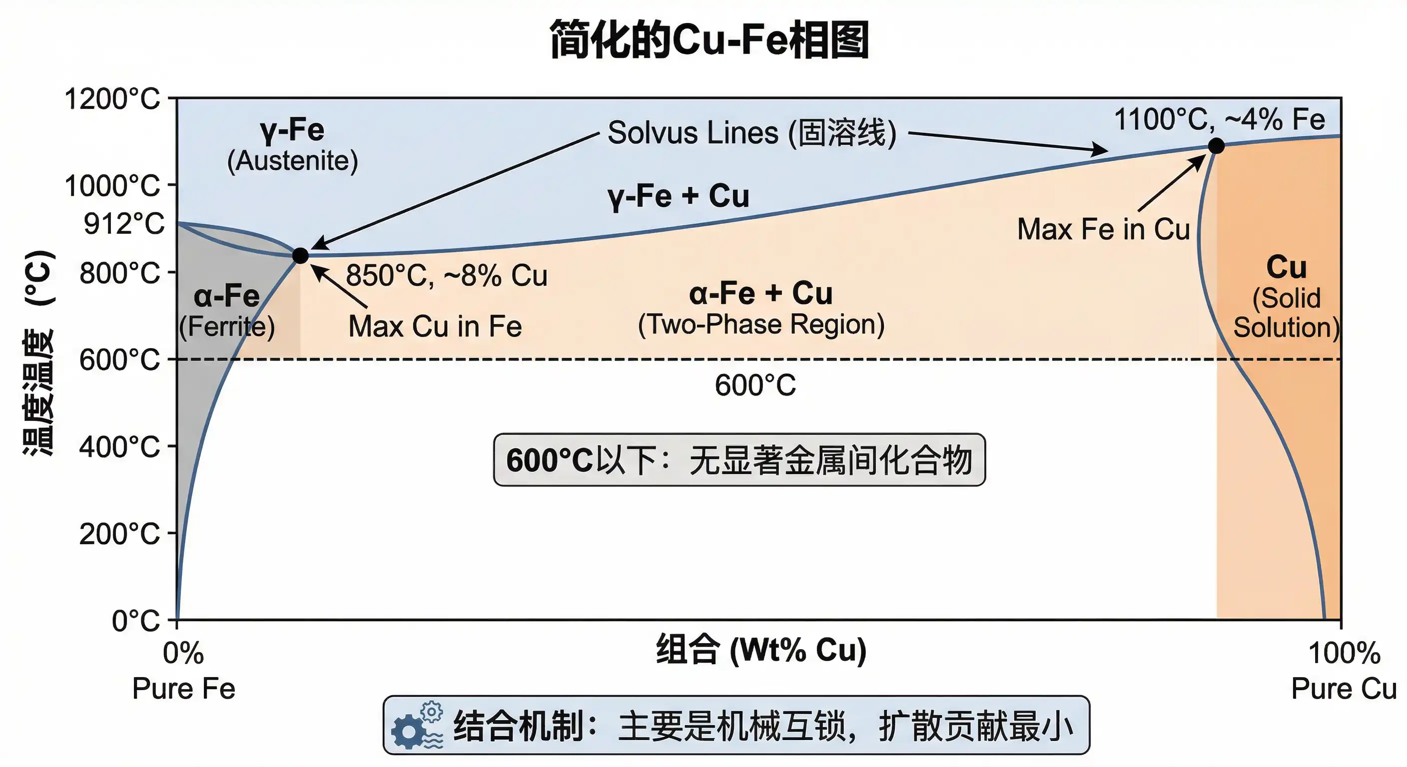 Cu-Fe二元相图简化版，显示有限的互溶区